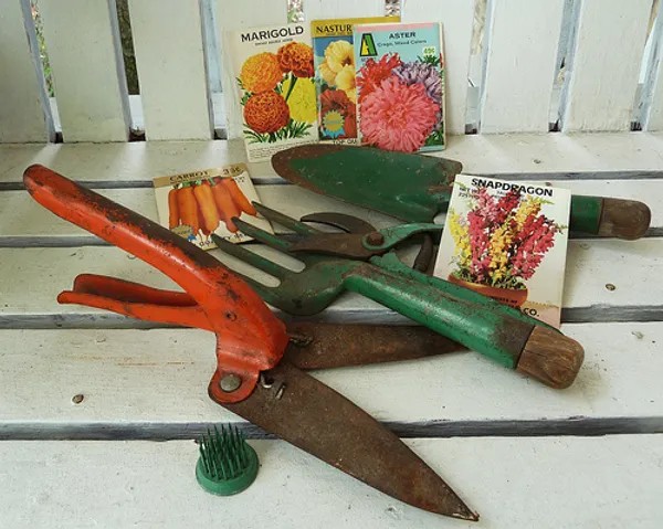 Variety of Gardening tools in chair