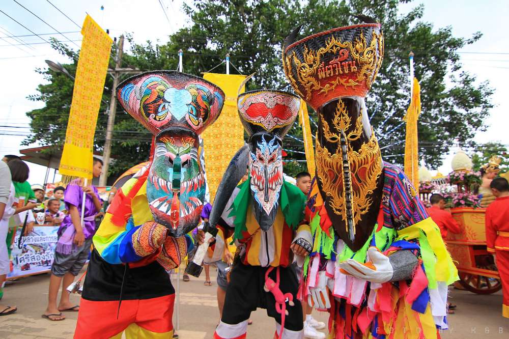 The Phi Ta Khon festival is unique to the Dan Sai district in Loei Province and reflects the local Isan belief in ghosts and spirits.